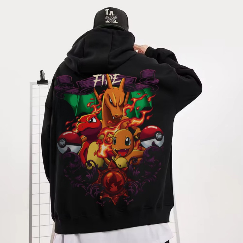 Cosplay Flame Prop - เสื้อฮู้ดกำมะหยี่พิมพ์ลายโปเกมอน ไฟร์ดราก้อน สีดำ ไซส์ใหญ่พิเศษ 4XL สำหรับผู้ชายและผู้หญิง