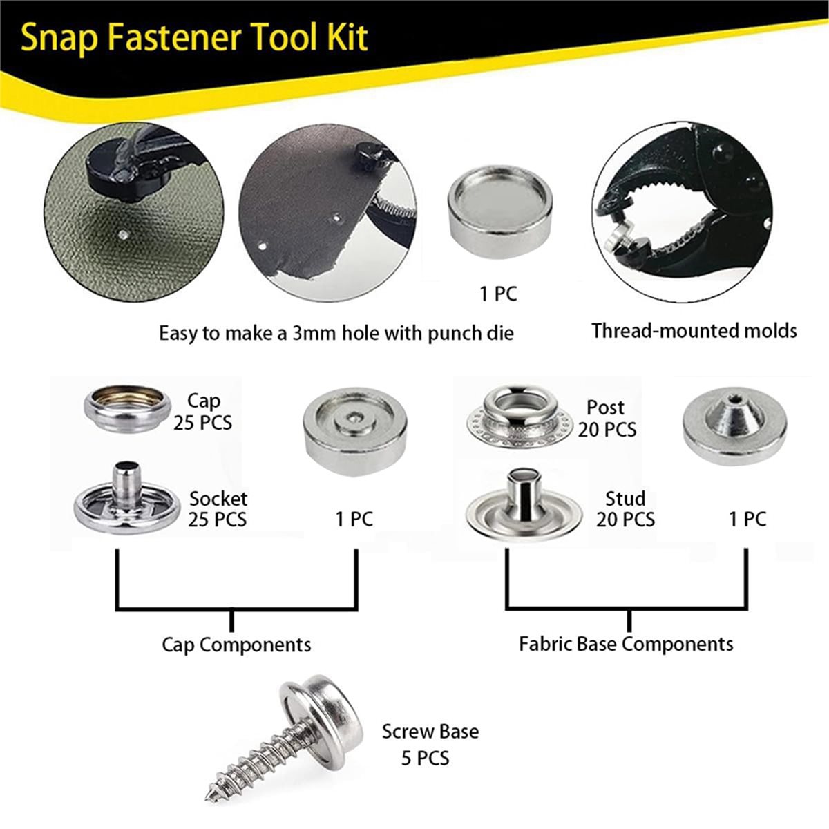 Snap Plier Setter - ชุดเครื่องมือติดกระดุมแบบหนีบสำหรับงานหนัก พร้อมกระดุม 25 ชุด คีมติดกระดุมสำหรับผ้าคลุมเรือ ผ้าใบ